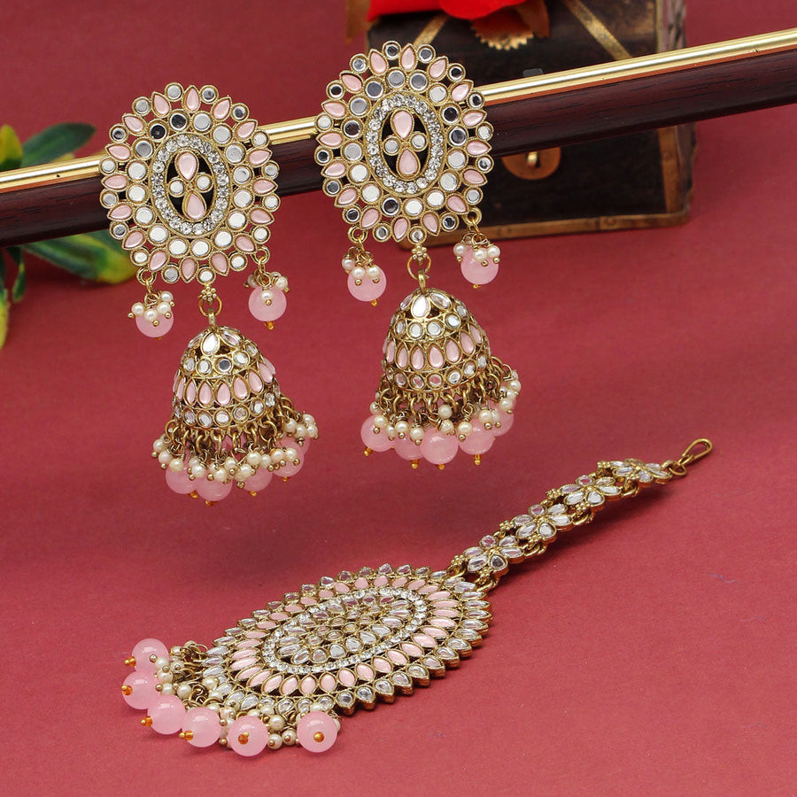 Rose Gold plated American diamond chandbali earrings Mang tikka set | –  Indian Designs